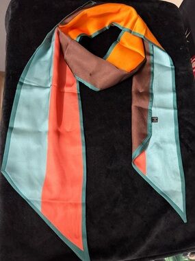 Colorblock Silk Scarf in Teal, Coral, Orange & Brown